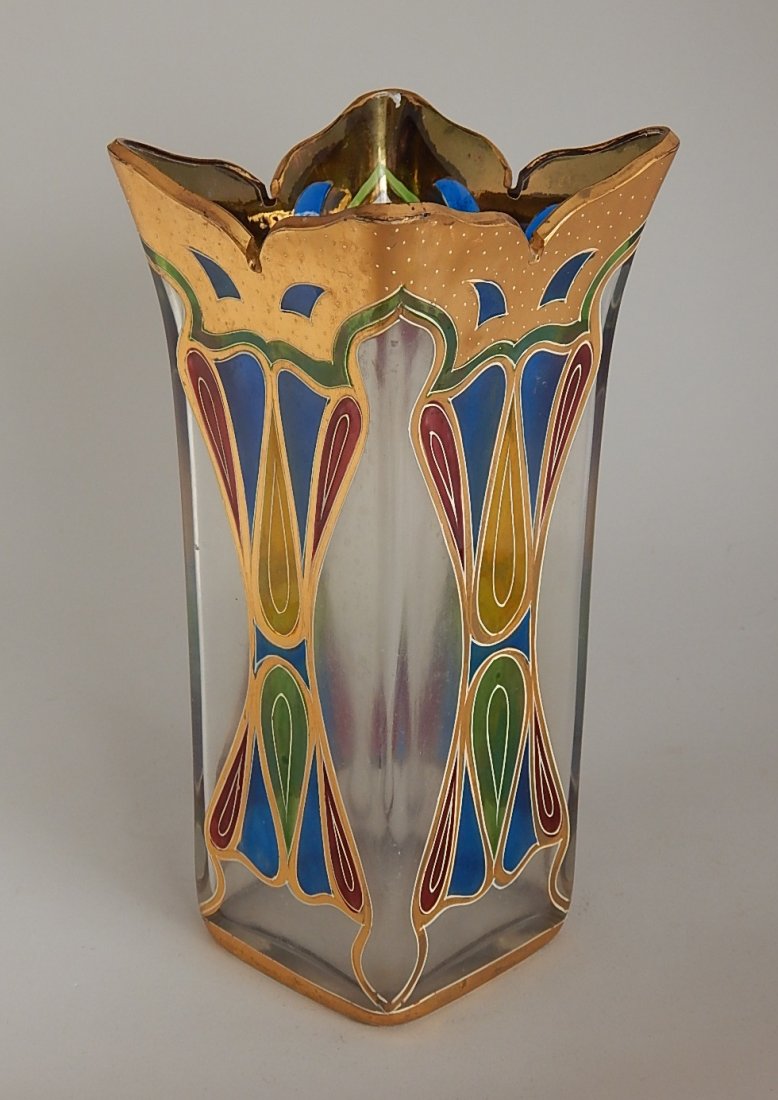 Austrian Art Nouveau hand-painted glass vase: Austrian Art Nouveau hand-painted glass vase, square form. 8 3/4''