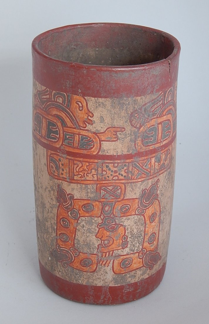 Mayan polychrome vase: Mayan polychrome vase, cylinder form. 7''h