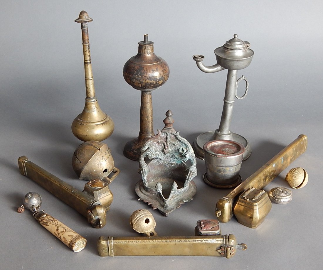5 Brass and 1 Pewter oil lamps: 5 Brass and 1 Pewter oil lamps, together with miscellaneous bells.