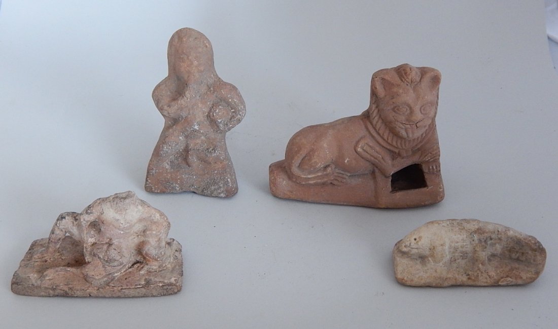 4 Pre-Columbian earthenware sculptures: 4 Pre-Columbian earthenware sculptures- reclining figure, alligator, seated figure, and lion- some loss to all. tallest 3 3/4''