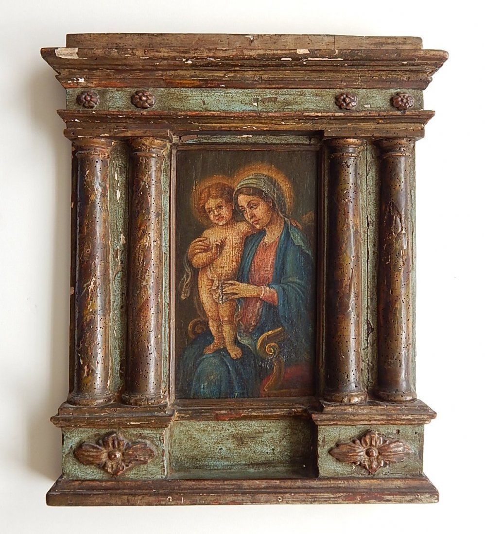 17th c. Continental School oil: 17th c. Continental School- Madonna and Child- oil on panel, set in polychrome wood architectural frame. 21 x 18'' (with frame) Provenance: Bishop Hoban collection.