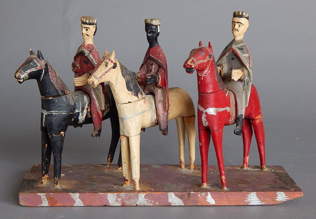 19th c. Puerto Rican polychrome wood Santo: 19th c. Puerto Rican polychrome wood Santo- The Three Magi. 7 3/4 x 12 x 4 1/4''