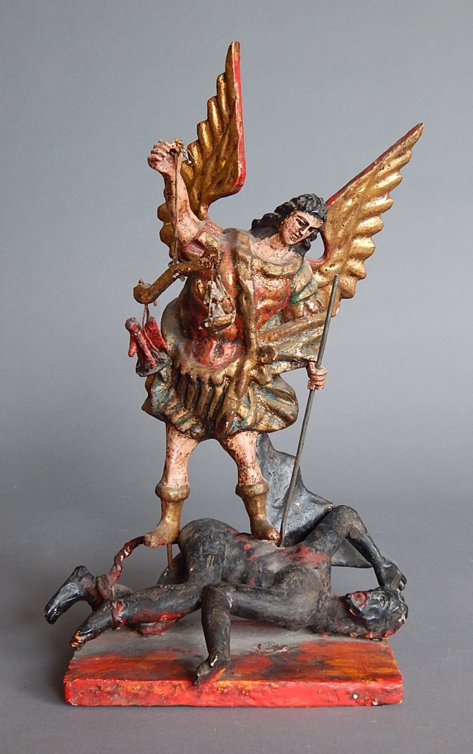 18/19th c. Continental polychrome wood Santo: 18/19th c. Continental polychrome wood Santo- Michael The Archangel and The Devil. 16 1/4''