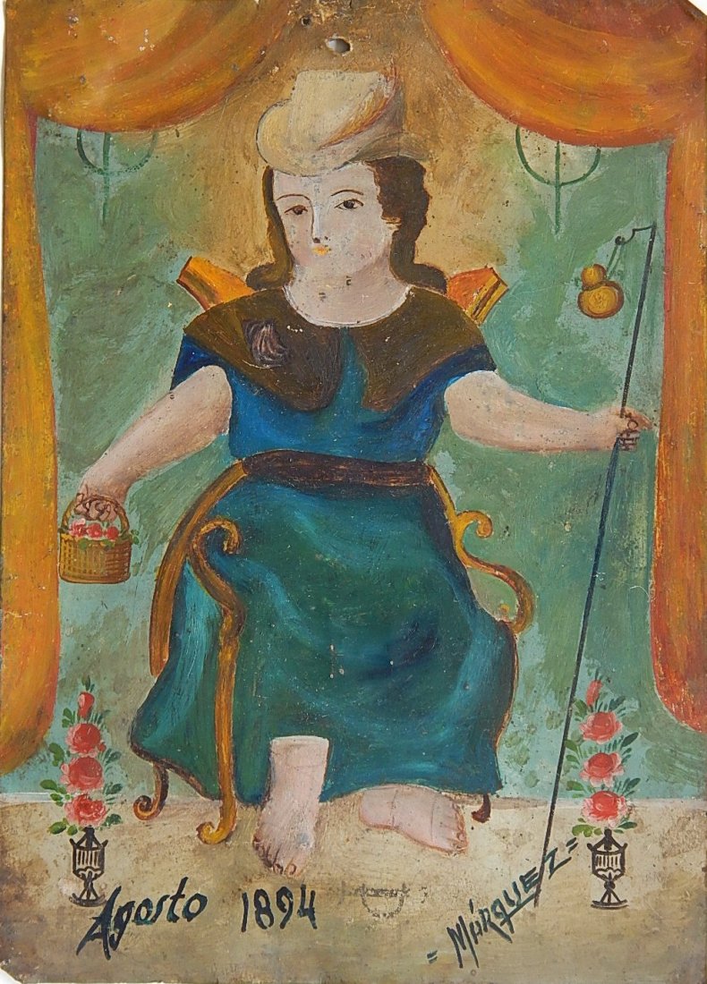 19th c. Mexican tin Retablo: 19th c. Mexican tin Retablo- Nino De Atocha, Agosto Marquez, 1894. 14 x 10''