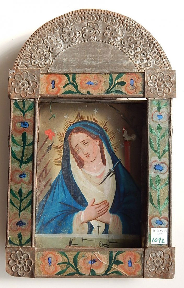 19th c. Mexican tin Retablo: 19th c. Mexican tin Retablo- Madonna, with tin frame. 15 x 9 1/2''