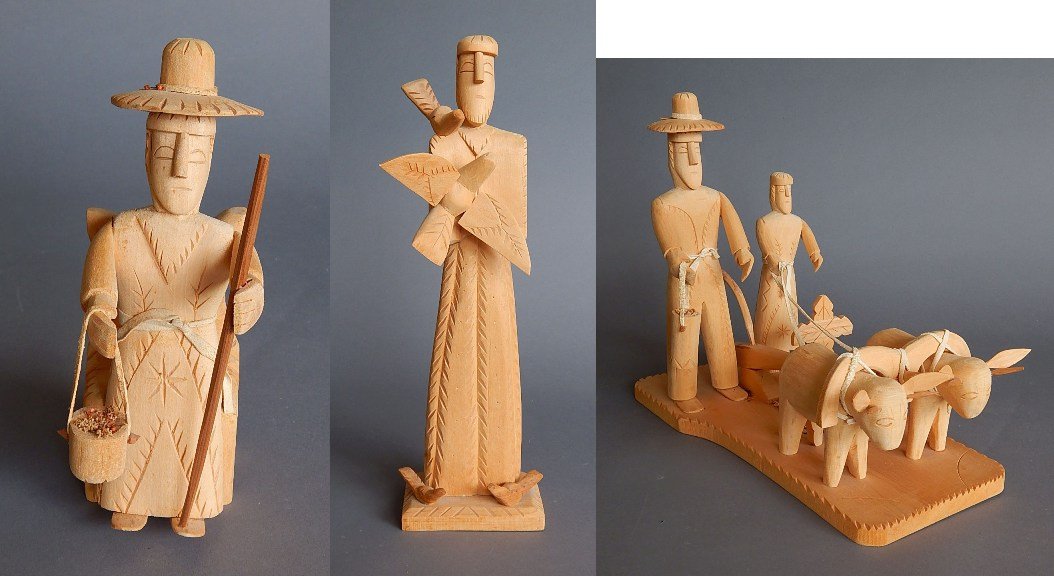 3 Contemporary Mexican carvings: 3 Contemporary Mexican wood carvings- ''St. Francis of Assisi''; Man with Basket and Two Figures with Horse, good condition, various sizes.