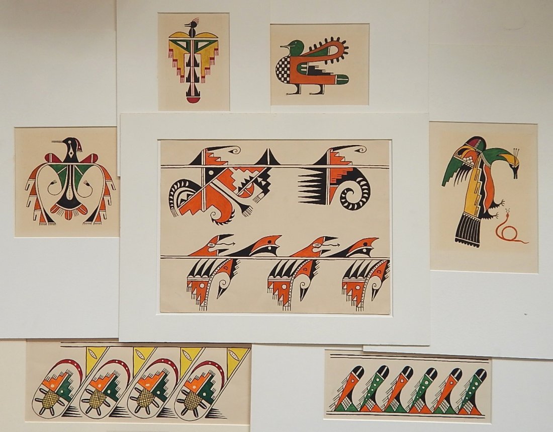 Native American School drawings: 7 20th c. Native American School drawings, from San Ildefonso Pueblo, good condition, various sizes.