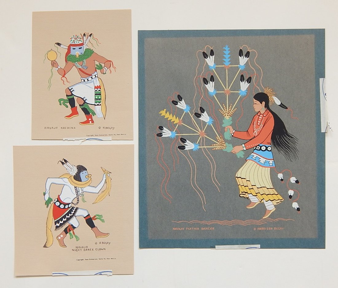 after Harrison Begay silk-screens: after Harrison Begay (American 1914-2012)- ''Navajo Kachina''; ''Navajo Night Dance'' and ''Navajo Feather Dance''- 3 silkscreen prints, various sizes, good condition.