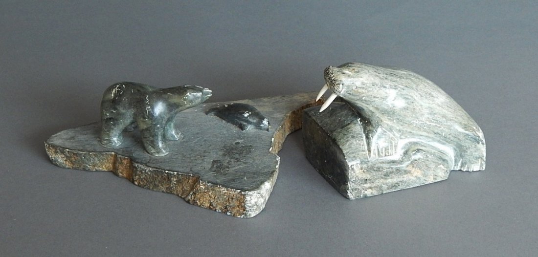 2 Inuit stone carvings: 2 Inuit stone carvings, both signed J. Ayek on bottom, scratching throughout.