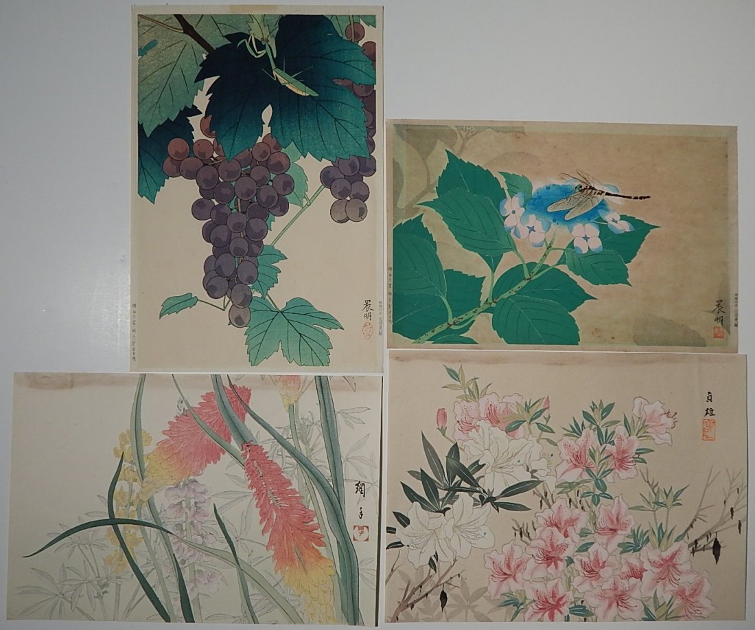 20th c. Japanese School 4 woodblock prints: 20th c. Japanese School- Floral- 4 woodblocks, each with artist's red chop, some staining and foxing. various sizes (all approximately oban)