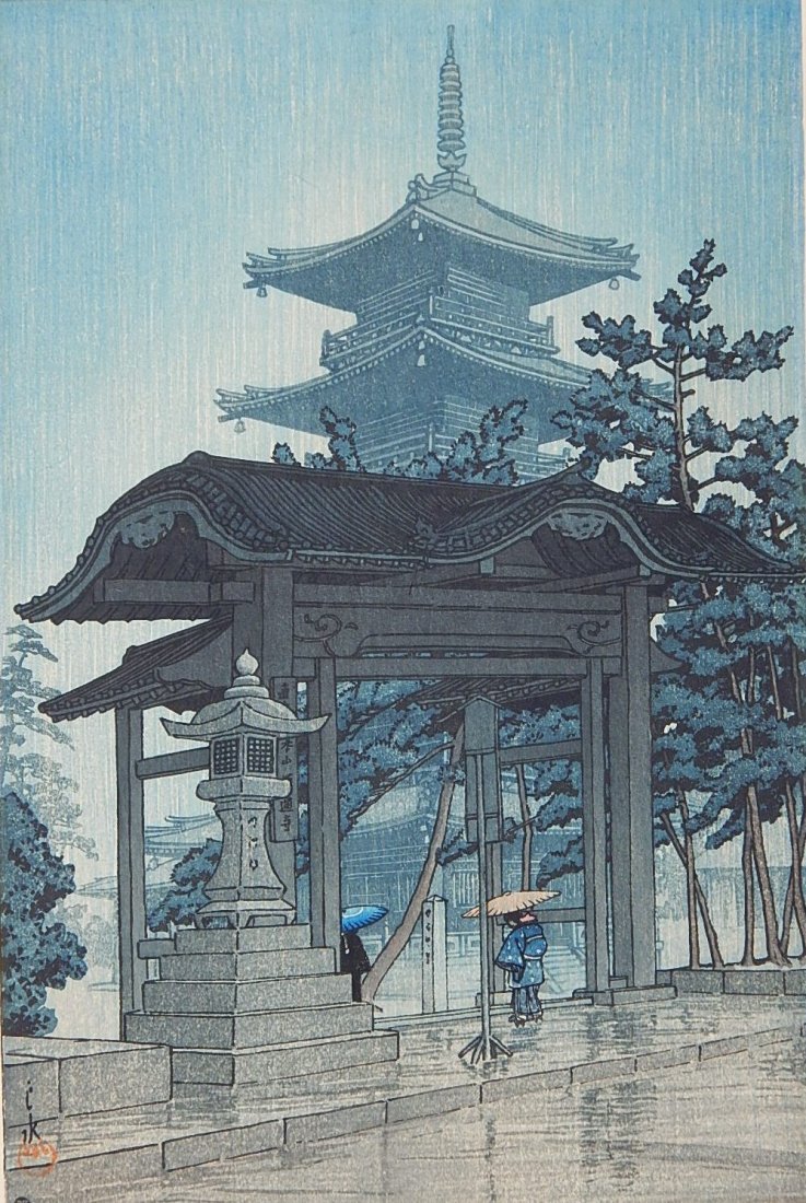 Hasui Kawase woodblock: Hasui Kawase (Japanese 1883-1957)- ''Zentsu Temple in Rain, Sanshu'' (Brown 334)- woodblock in colors, 1937, with artist's red chop, published by Watanabe, from the collection 'Scenic Views of Japan I