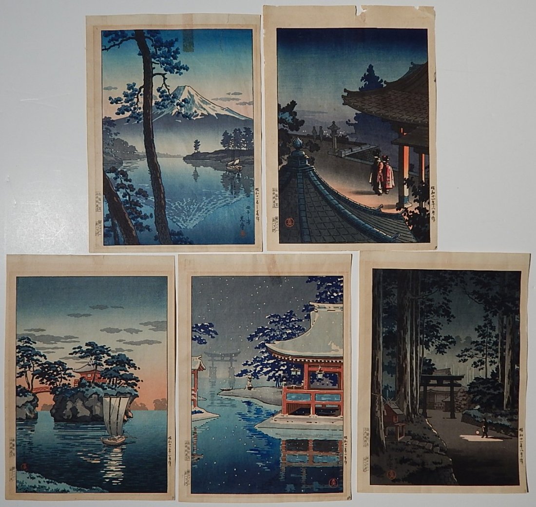 Koitsu Tsuchiya 5 woodblocks: Koitsu Tsuchiya (Japanese 1870-1949)- Nikko; Miyajima; Matsushima; Tagonoura; Miidera- 5 woodblocks in colors, c. 1936, copyright by Doi as stamped in left margin, carved by Harada and inked by Yokoi,