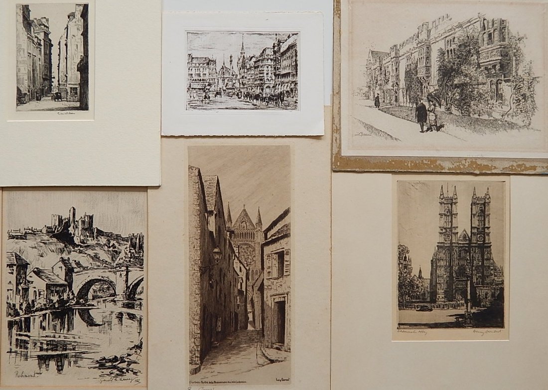 7 Works on paper: 7 Works on paper- 1.) Henry Lambert- ''Westminster Abbey''; 2.) Gerald H. Murray- ''Richmond''; 3.) Lucy Garnot- ''Chartres Tertre...''; 4.) Andrew Karoly- Synagogue- toned and sandwiched; 5.) G. M. W