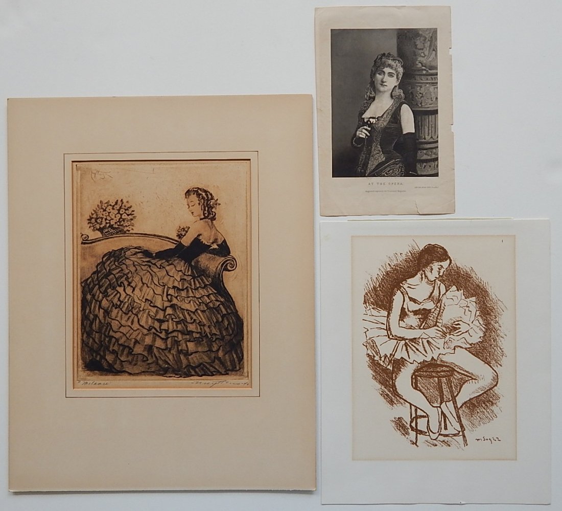 6 Prints: 6 Prints- 1.) Nuyttens- ''Melanie''; 2.) Moses Soyer- ''Dancer''; 3.) ''At the Opera''- engraving; 4.) Agati engraving; 5.) J. A. S. Monks etching on satin (sandwiched); 6.) miscellaneous print, loss
