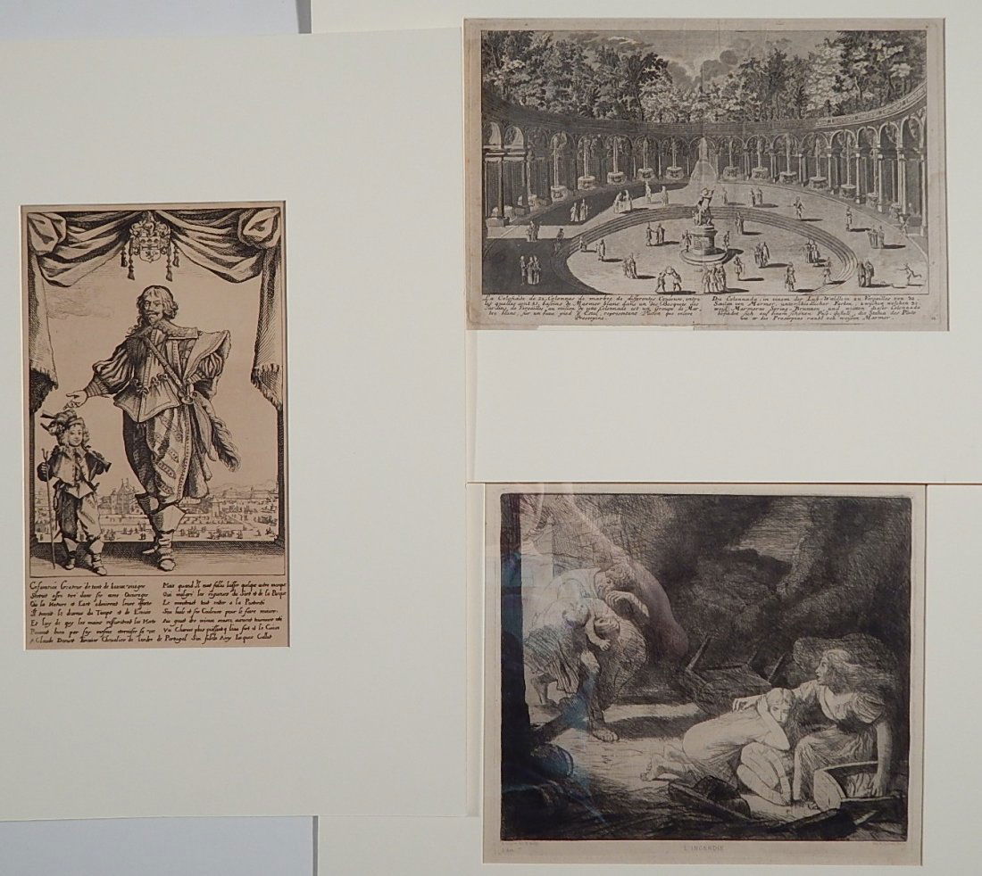 3 Engravings: 3 Engravings- 1.) Armand Durand- Portrait of Claude Deruet- heliogravure after Jacques Callot; 2.) Alphonse Legros- ''L'Incendie''- etching, as published in L'Art; 3.) F. Delamance- ''The Colonade Ver