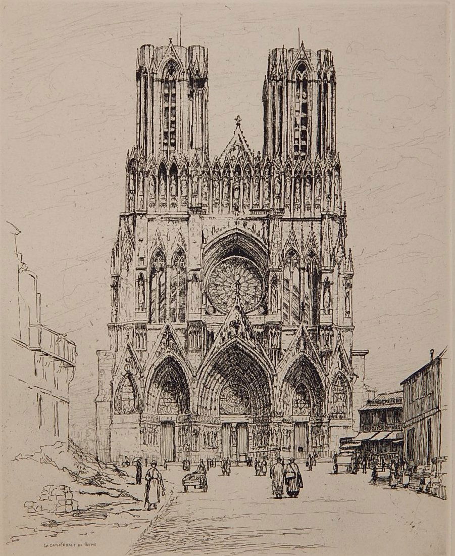Caroline Armington etching: Caroline Armington (American 1875-1939)- Cathedrale de Reims- etching, as published by Musee De Louvre, very good condition. 13 3/4 x 11''