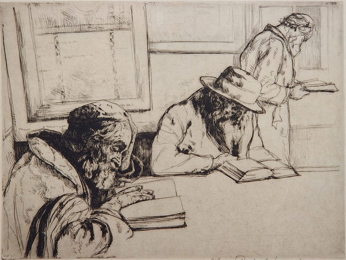 William Auerbach-Levy etching: William Auerbach-Levy (American 1889-1964)- Hebraic Scholars- etching, signed and annotated '2nd state trial proof' in pencil, very good condition. 9 x 11 7/8''