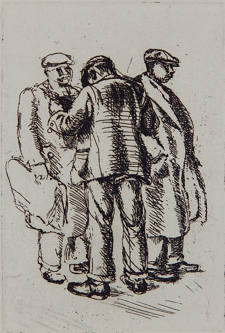 Isabel Bishop etching: Isabel Bishop (American 1902-1988)- ''Three Men on Fourteenth Street'' (Teller 4A)- etching, 1927-31, signed and numbered ix/xxv in pencil, very good condition. 4 1/2 x 3''