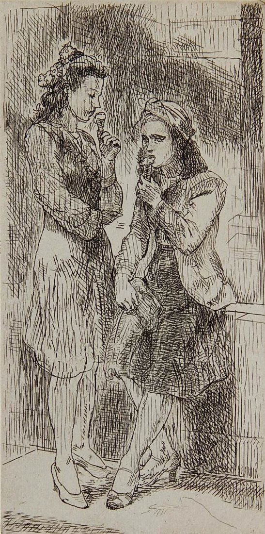 Isabel Bishop etching: Isabel Bishop (American 1902-1988)- ''Ice Cream Cones HC 2'' (Teller 37)- etching, 1945, signed and numbered iv/xxv in pencil, as published in 1981, good condition. 7 x 3 1/2''