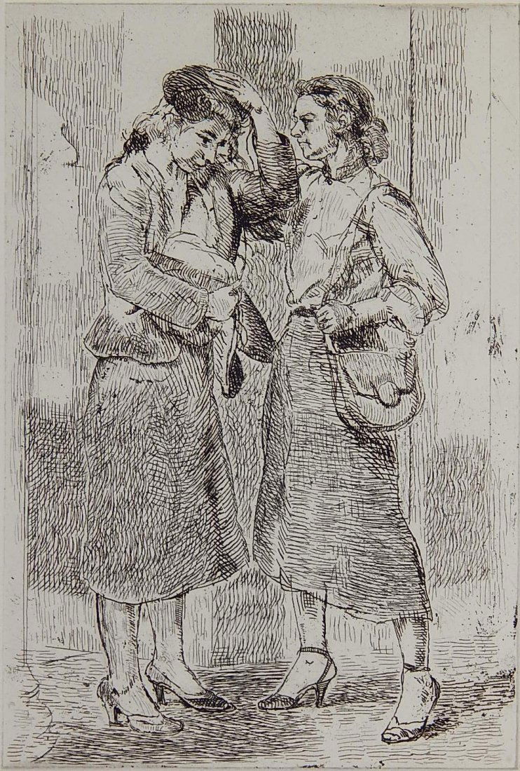 Isabel Bishop etching: Isabel Bishop (American 1902-1988)- ''Two Girls Outdoors'' (Teller 49)- etching, 1953, from edition of 50 printed in 1981, very good condition. 7 1/2 x 5''