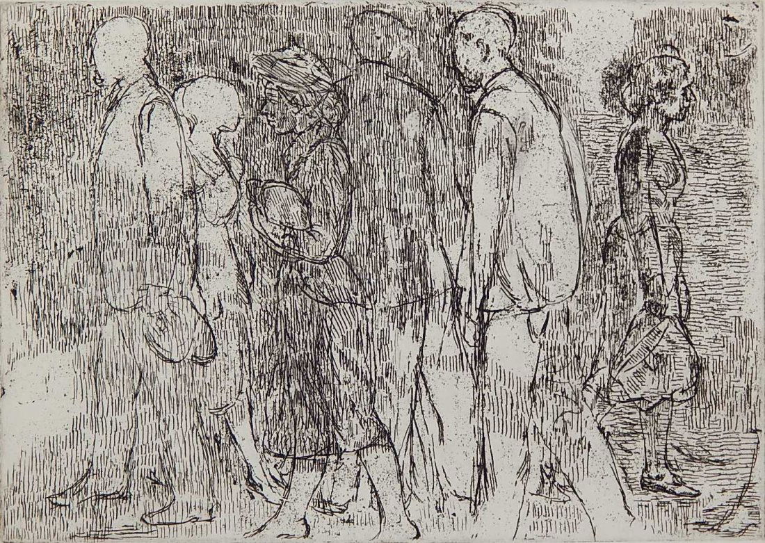 Isabel Bishop etching: Isabel Bishop (American 1902-1988)- ''Walking In The Park'' (Teller 52B)- etching, 1952, signed in pencil, proofs only, printed in 1985, very good condition. 6 1/2 x 9 1/8''