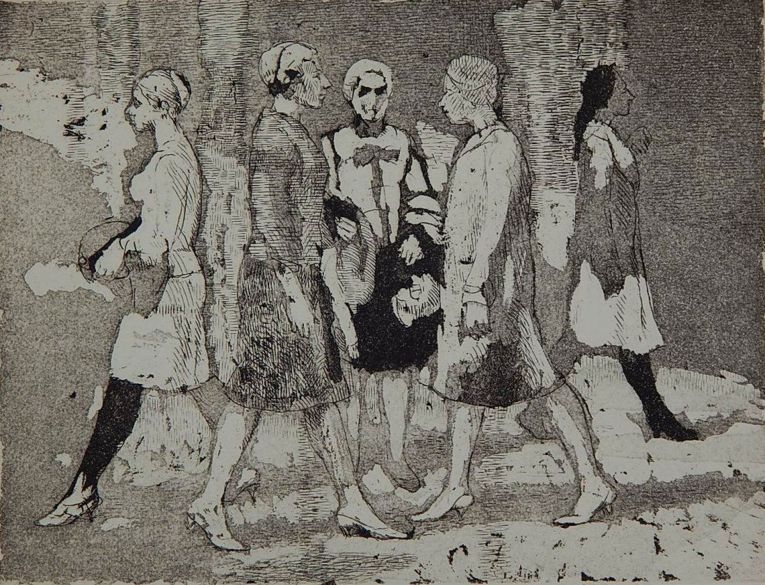 Isabel Bishop aquatint: Isabel Bishop (American 1902-1988)- ''Five Women Walking'' (Teller 64)- aquatint, 1967, signed and annotated 'BAT' in pencil, very good condition. 7 1/2 x 10''