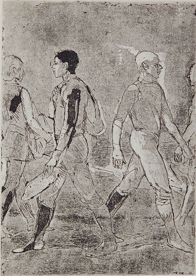 Isabel Bishop aquatint: Isabel Bishop (American 1902-1988)- ''Opposite Directions'' (Teller 70B)- aquatint, 1972, signed in pencil, proofs only, printed in 1985. 8 1/8 x 5 3/4''