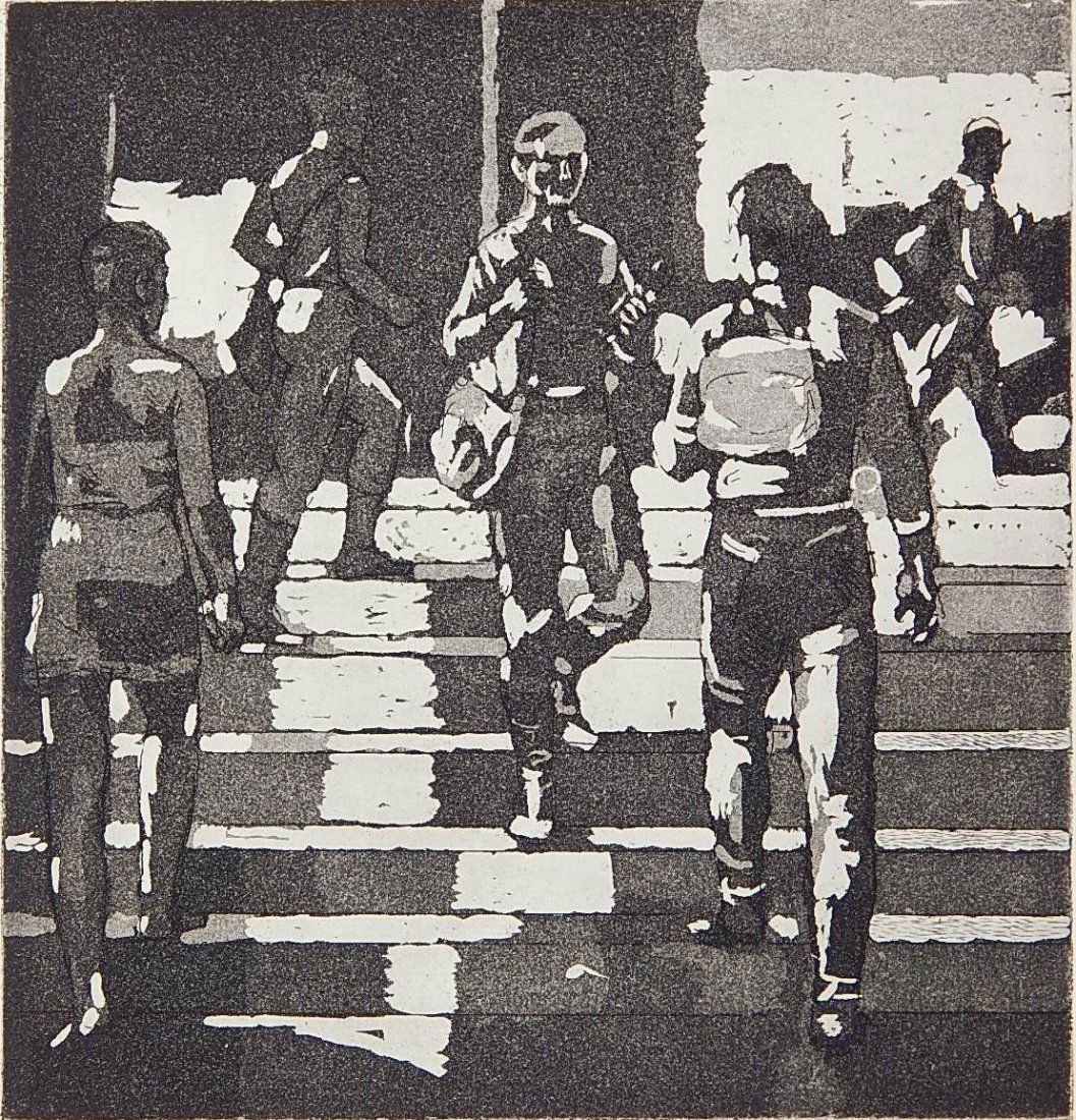 Isabel Bishop aquatint: Isabel Bishop (American 1902-1988)- ''Entrance to Union Square'' (Teller 77)- aquatint, 1981, signed and numbered 75/75 in pencil, published in 1984, stain in right margin well away from image. 7 3/4