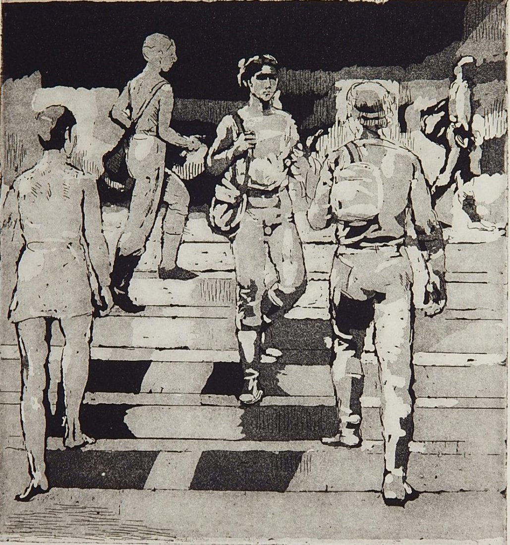 Isabel Bishop aquatint: Isabel Bishop (American 1902-1988)- ''Students On The Steps'' (Teller 78)- aquatint, 1981, signed and numbered 64/75 in pencil, published in 1984, very good condition. 8 x 7 1/2''