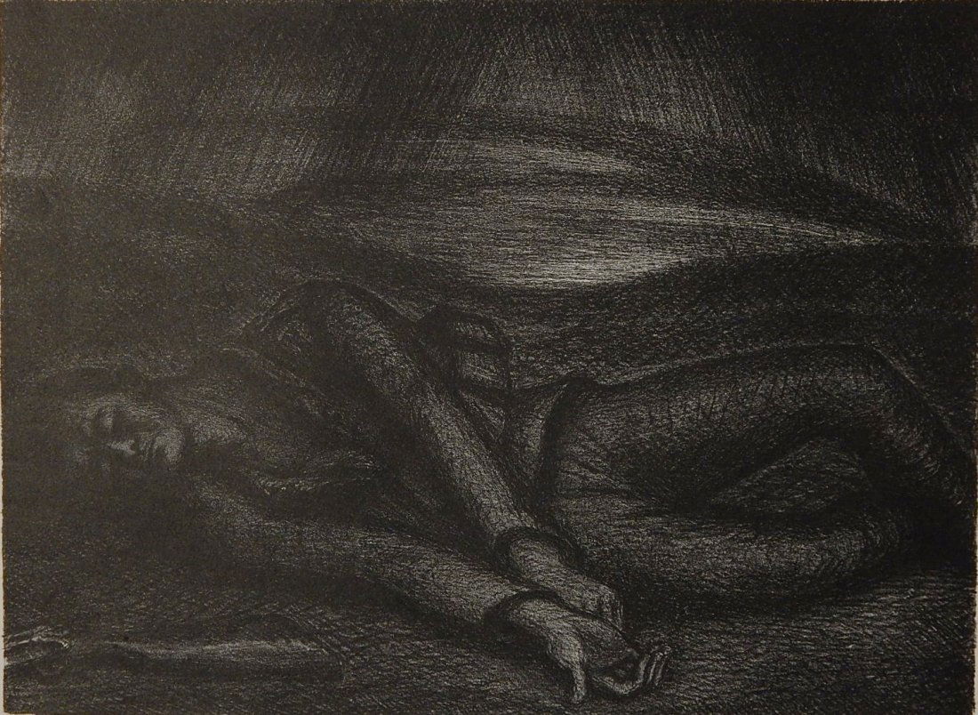 Julius Blcoh lithograph: Julius Bloch- ''Battle Casualty''- lithograph, c. 1935, initialed 'J.B' and titled in pencil, edition of 30, light struck, staining in margins, a tear at lower left margin, not affecting image. 10 3/8