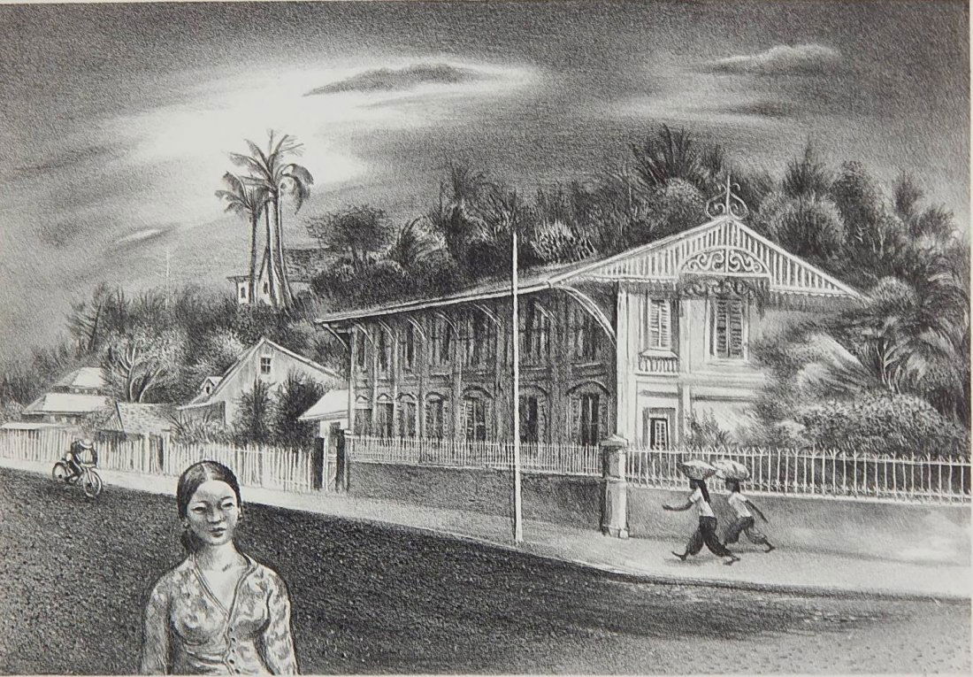 Aaron Bohrod lithograph: Aaron Bohrod (American 1907-1992)- ''Carribean Street Scene''- lithograph, signed in pencil, very good condition. 9 1/4 x 13 1/8''