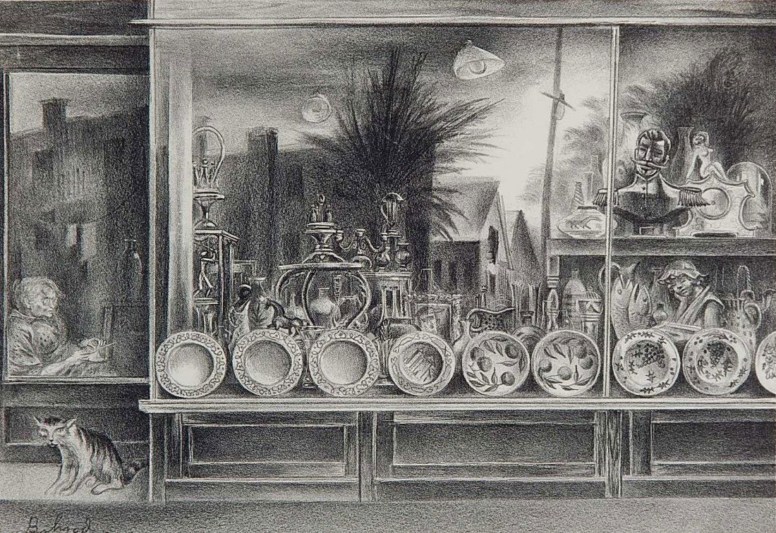 Aaron Bohrod lithograph: Aaron Bohrod (American 1907-1992)- ''Reflections in a Shop Window'' (AAA/Czestochowski 1951.001)- lithograph, 1947, signed in pencil, very good condition. 9 1/8 x 13 1/4''