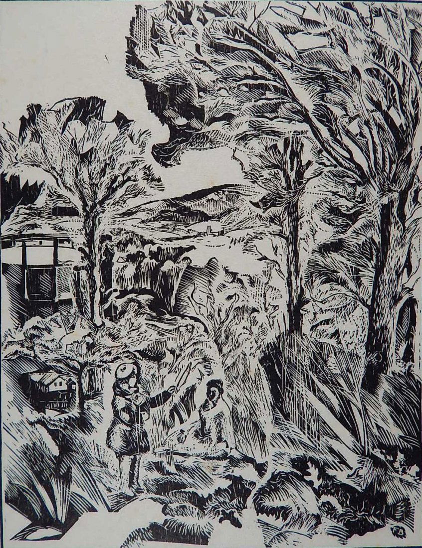 Fiske Boyd woodcut: Fiske Boyd (American 1895-1975)- ''Millburn Hill''- woodcut, 1932, signed, dated and numbered 2/125, minor foxing throughout. 11 x 8 1/2''