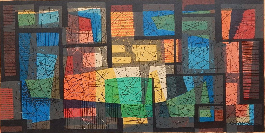 Robert Brown silkscreen: Robert Brown (American 20th c.)- ''Labrynth Revisited''- silkscreen on panel, signed, titled and annotated 'Ed. 50' in pencil, some scratches in image. 12 x 23 3/4''