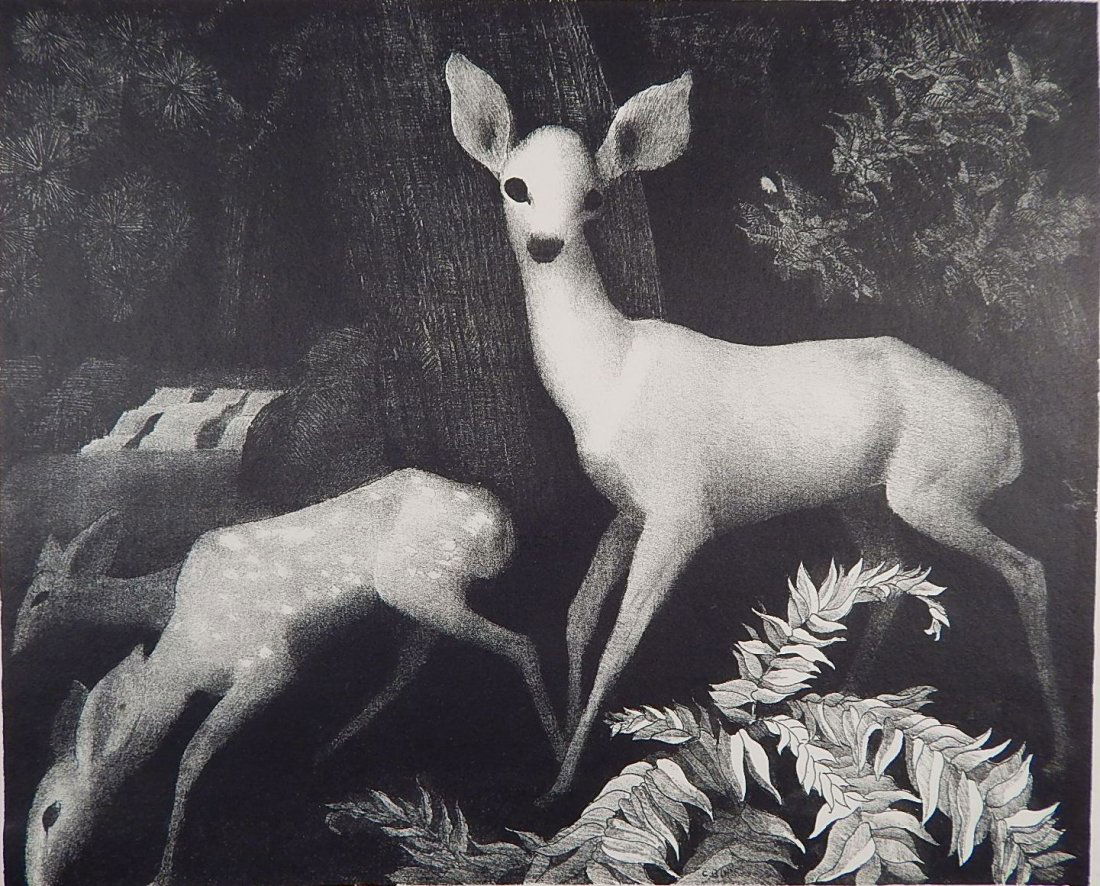 Conrad Buff lithograph: Conrad Buff (American 1886-1975)- ''Forest Folk''- lithograph, 1936, AAG edition of 200. 10 x 12 3/8''