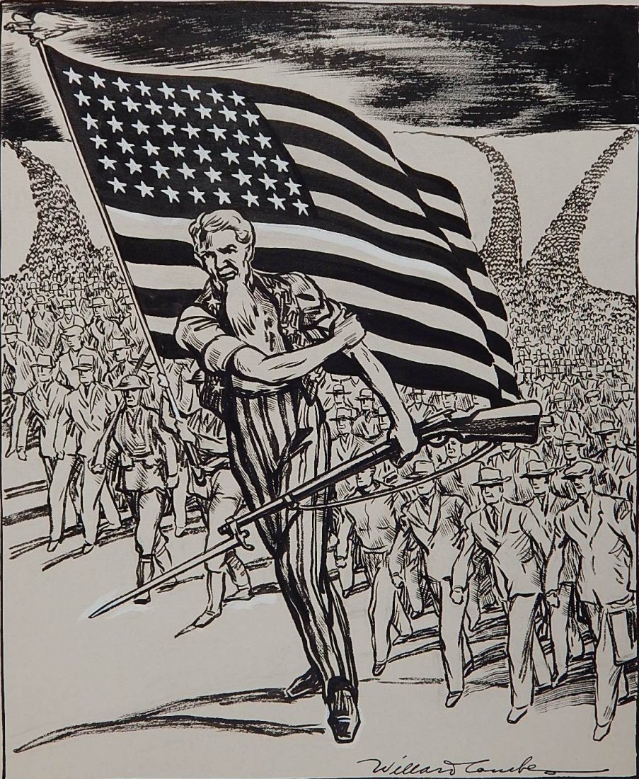 Willard Combes pen and ink: Willard Combes (American 1901-1984)- Political Cartoon- pen and ink on illustration board. 14 3/4 x 12 1/2''