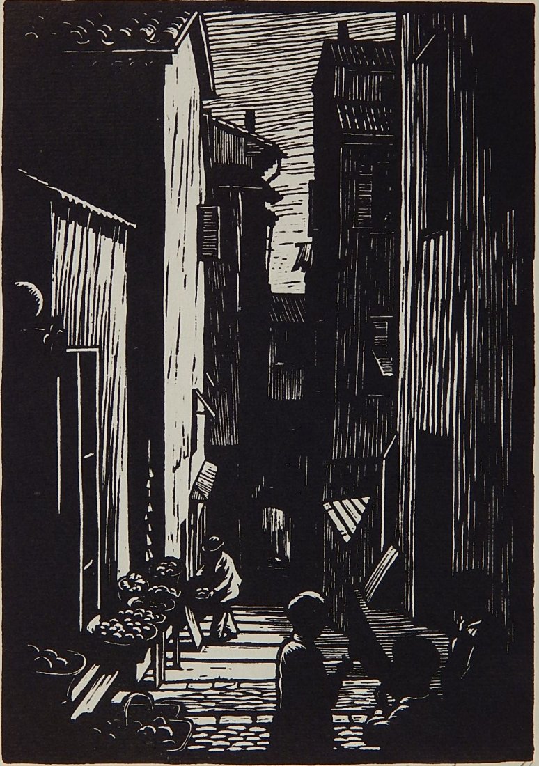 W. Phelps Cunningham woodcut: W. Phelps Cunningham (American 1904-1980)- ''Fruit Shop Ville Franche''- woodcut, 1932, signed and titled in pencil, The Cleveland Print-A-Month Club publication no. 6, edition of 250. 9 1/4 x 5 3/4''
