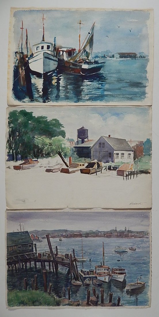 Michael Dadante 3 watercolor: Michael Dadante (American 20th c.)- Fishing Boats- 3 watercolor on paper, all 3 signed Dadante in pen. 15 x 22 1/4'' (sheet)