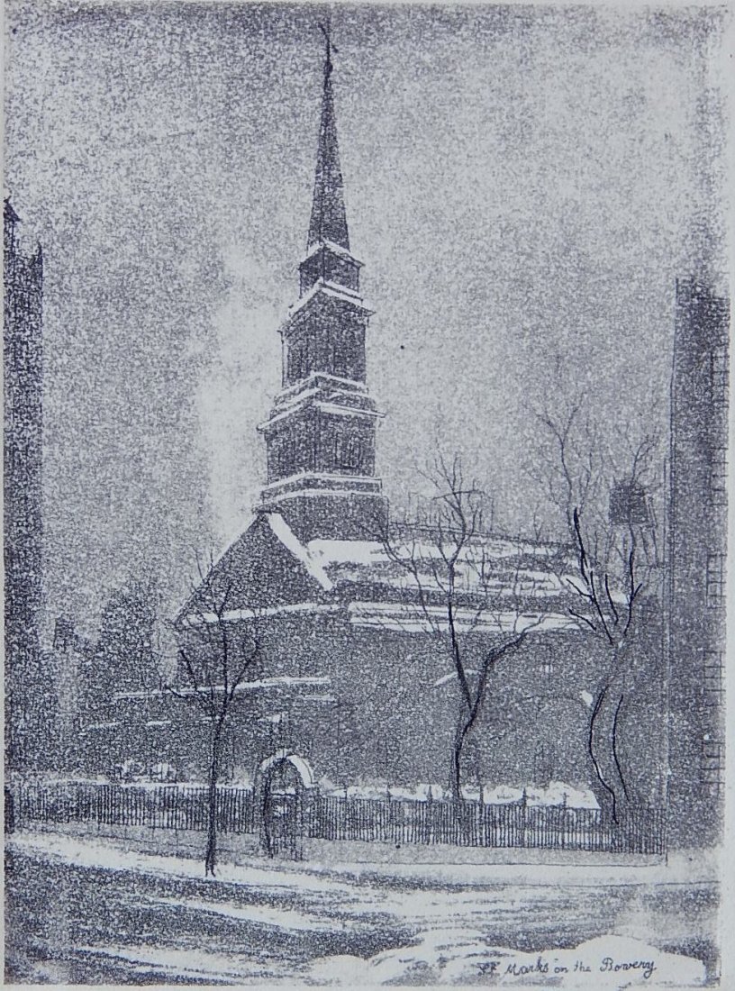 Leon Dolice etching: Leon Dolice (American 1892-1960)- ''St. Marks on The Bowery''- etching, signed in pencil, very good condition. 5 1/2 x 4''