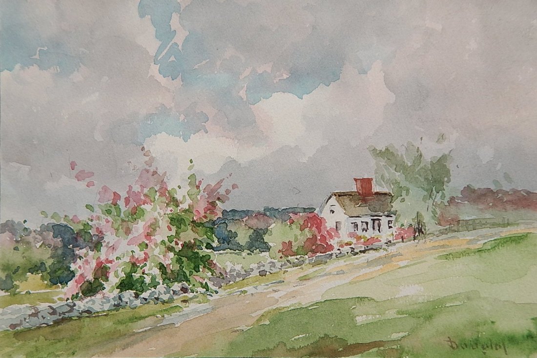 Arthur Douglas watercolor: Arthur Douglas (American 1860-1949)- Farm House and Rhododendrons- watercolor on paper, signed 'Douglas' lower right, good condition. 6 x 9''
