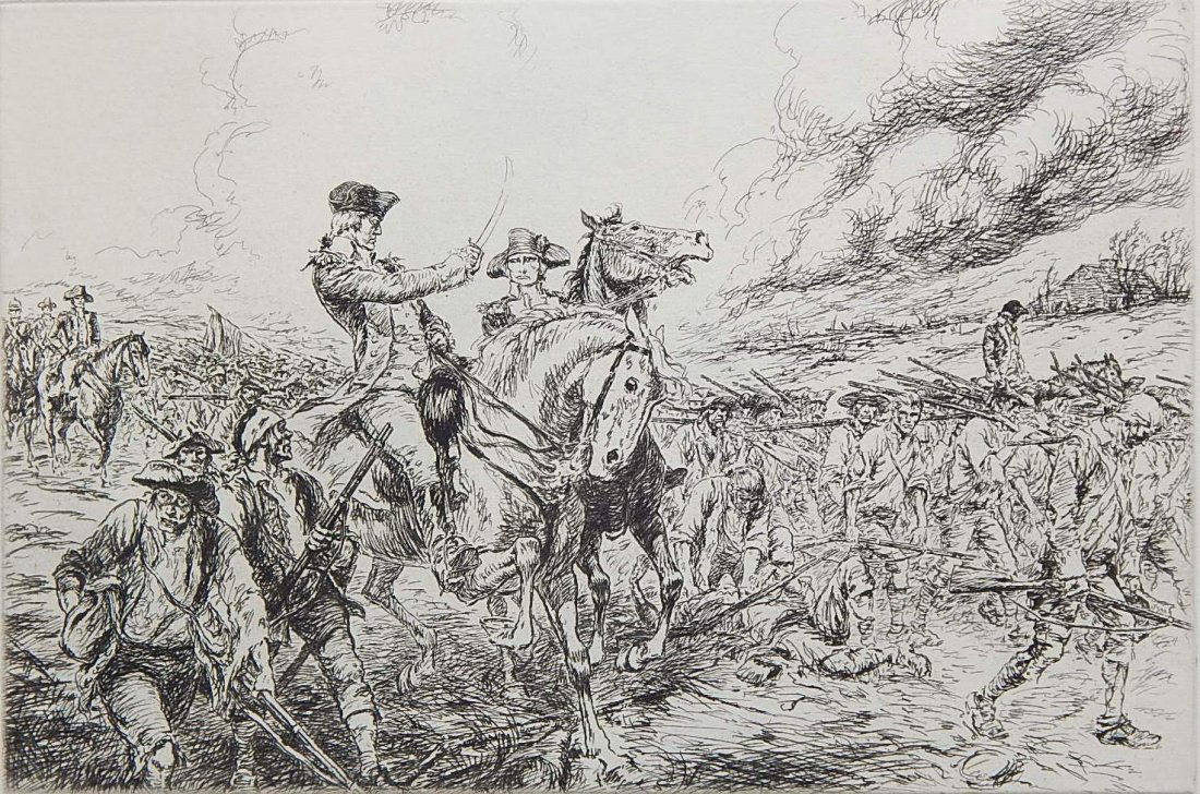 Kerr Eby etching: Kerr Eby (American 1889-1946)- ''Stemming the Retreat at Monmouth'' (Giardina 167)- etching, 1932, signed in pencil, plate 17, edition of 200, from the portfolio 'The Bicentennial Pageant of George Wa