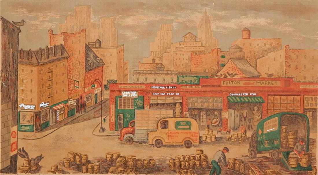 Ray Euffa silkscreen: Ray Euffa (American 1904-1977)- ''The Fulton Market''- silkscreen in colors, signed, titled and numbered 37/50 in pencil, tear at top goes about 1/4'' into the image. 11 x 19 7/8''