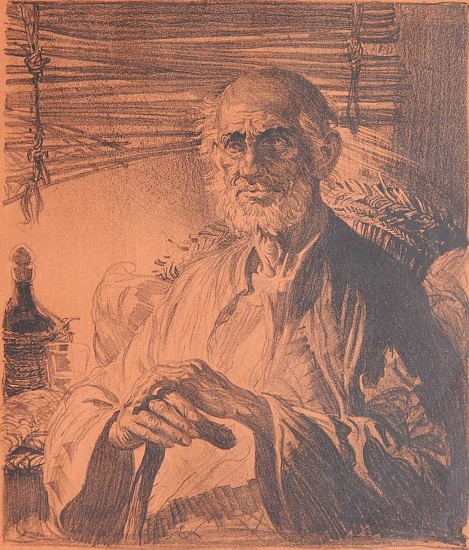 John Flanigan lithograph: John Flanigan (American 20th c.)- Elderly Man- lithograph, signed in pencil. 10 3/8 x 8 3/4''