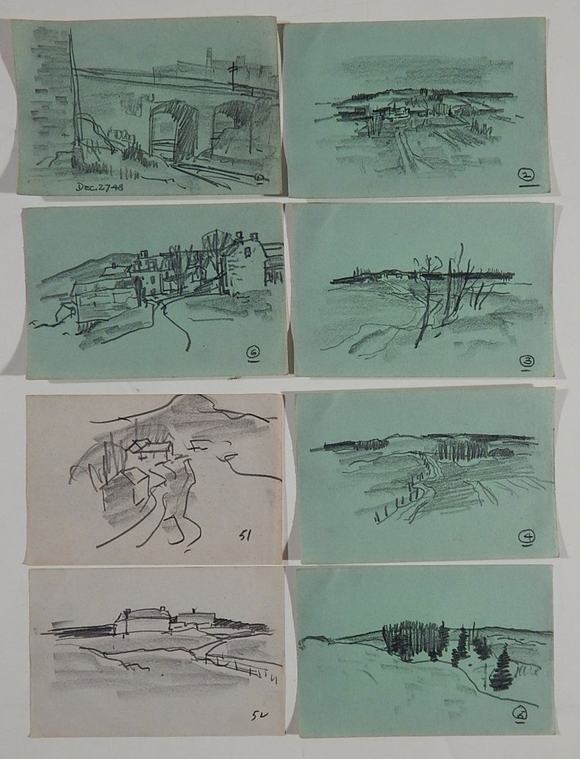 Carl Gaertner 8 graphite: Carl Gaertner (American 1898-1952)- Sketches- 8 graphite on paper (6 green paper and 2 white), 1948. 4 x 6''