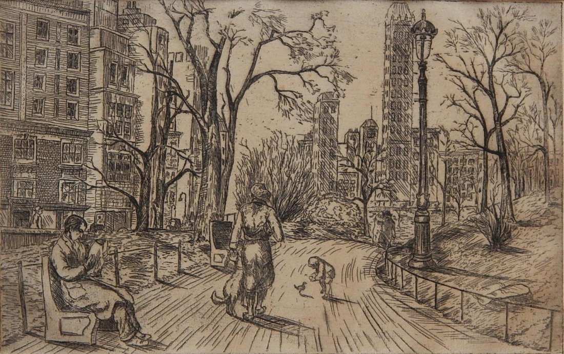 John W. Gregory etching: John W. Gregory (American 1903-1992)- ''Central Park''- etching, 1933, signed, dated and titled in pencil. 5 x 7 7/8''