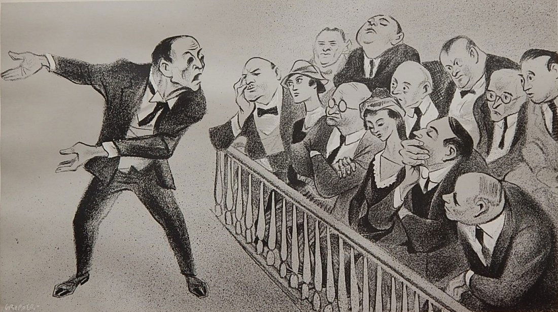 William Gropper lithograph: William Gropper (American 1897-1977)- ''The Summation''- lithograph in two colors, signed and annotated 'artist proof' in pencil, some mat burn. 12 x 21 1/4''