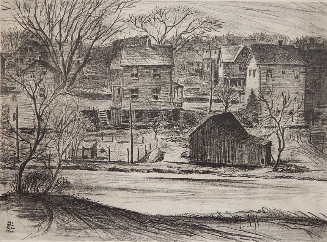 George Kenneth Hartwell lithograph: George Kenneth Hartwell (American 1891-1949)- ''Ruth's Back Yard''- lithograph, 1944, signed, titled and dated in pencil, creasing and foxing in margins. 11 x 15''