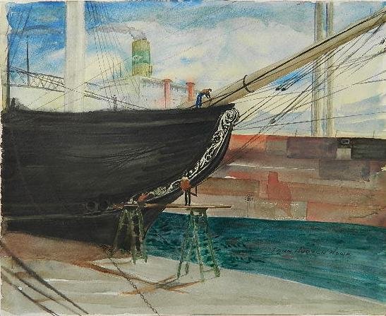 John Hudson Howe watercolor: John Hudson Howe (American 20th c.)- ''Old Ironsides''- watercolor on paper, signed 'John Hudson Howe' lower right, good condition. 10 1/2 x 12 1/2''
