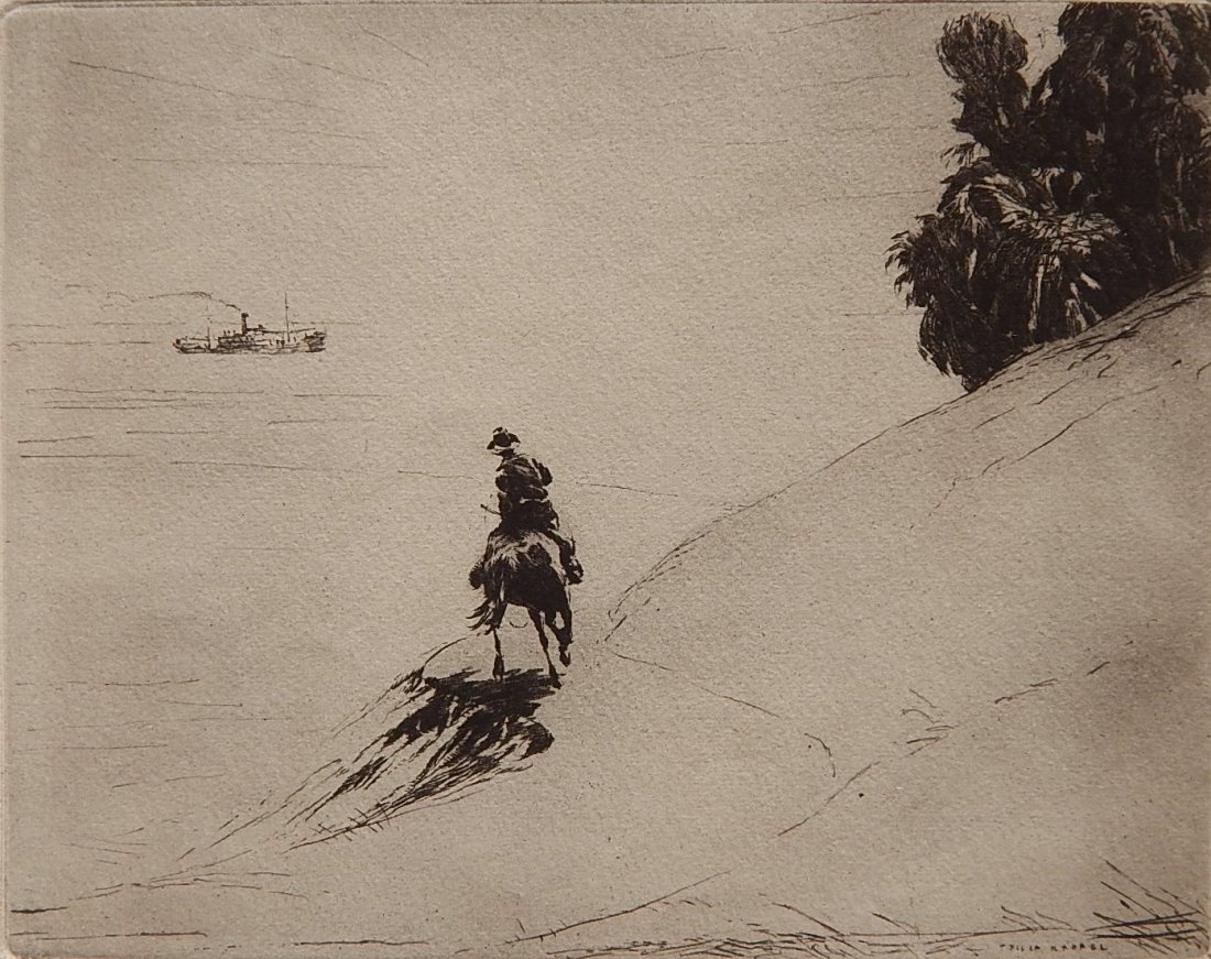 Philip Kappel etching: Philip Kappel (American 1901-1981)- Figure on Horse- etching, signed in pencil, good condition. 5 7/8 x 7 3/8''