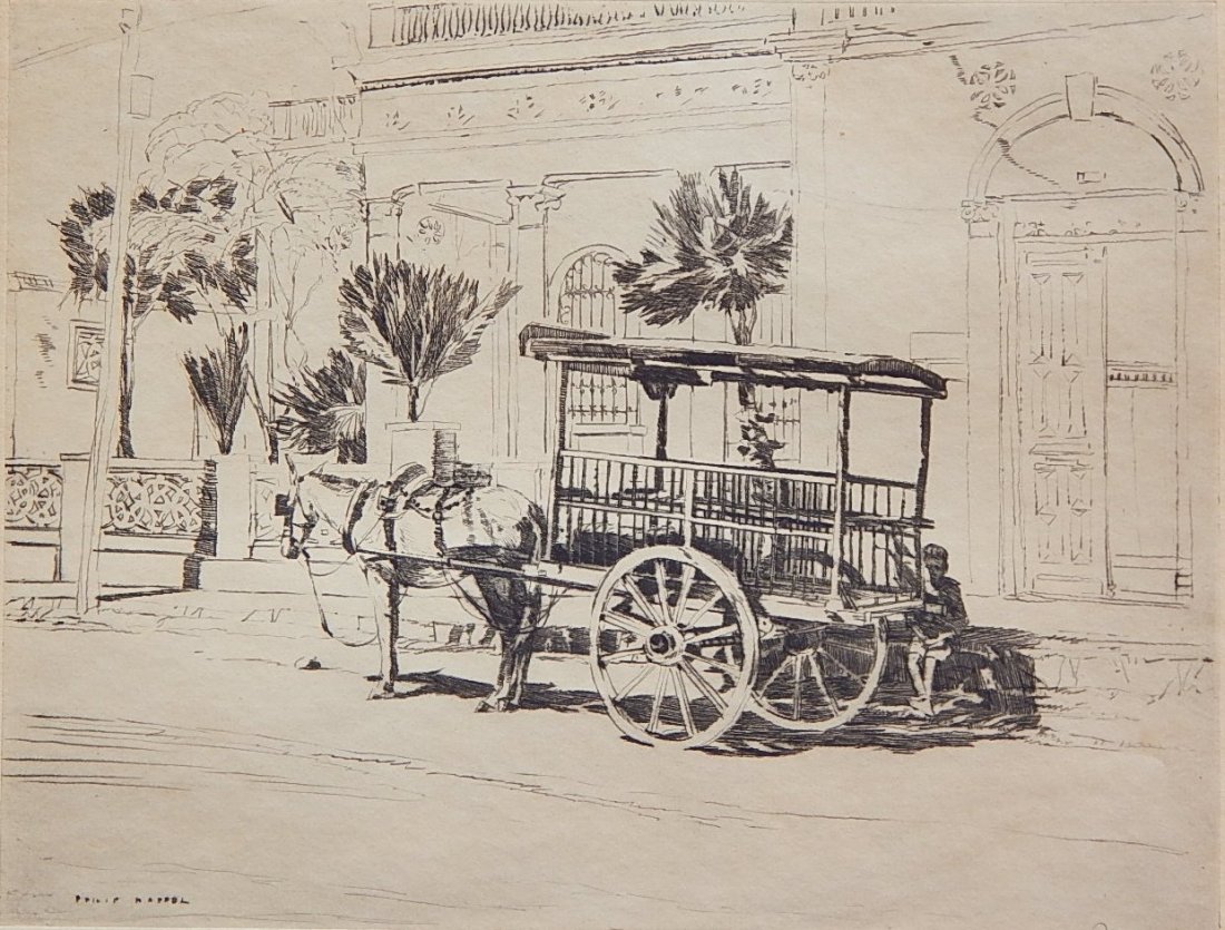 Philip Kappel etching: Philip Kappel (American 1901-1981)- Horse Drawn Cart- etching, signed in pencil, light struck. 6 7/8 x 8 7/8''